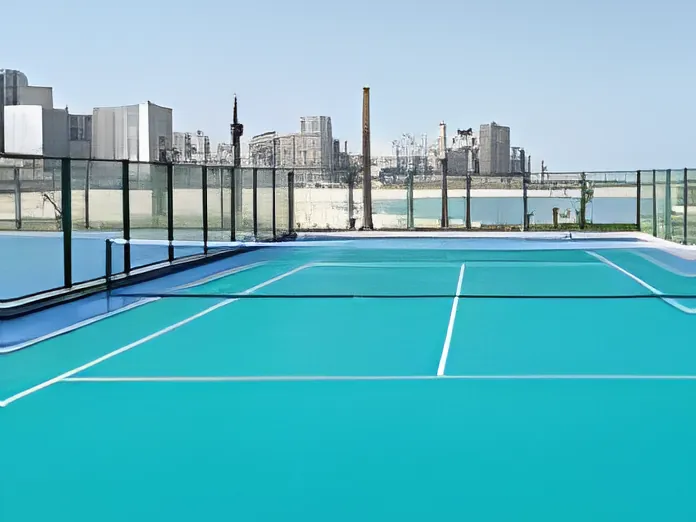 Acrylic court with a petrochemical plant on the horizon