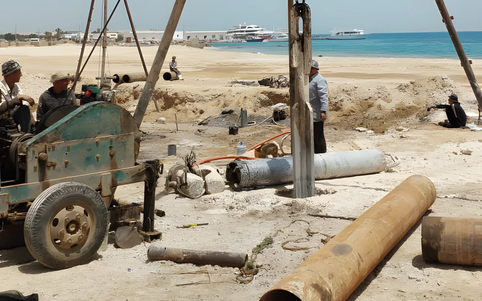Tripod percussion rig and well casings on a coastal site